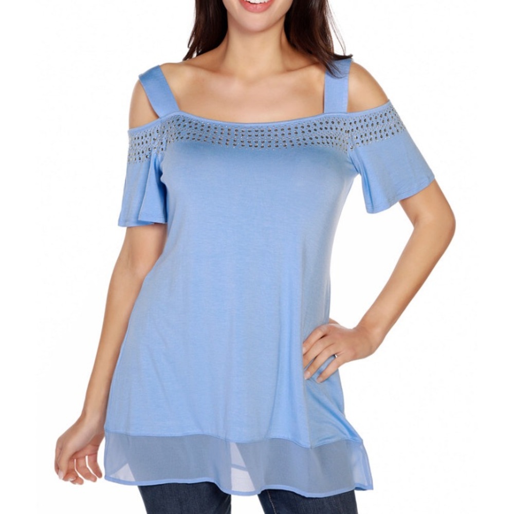 Embellished blue cold-shoulder top